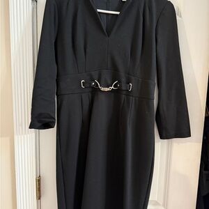 New York & Company Elegant Black Long Sleeve Dress. V neck. Silver detail.
